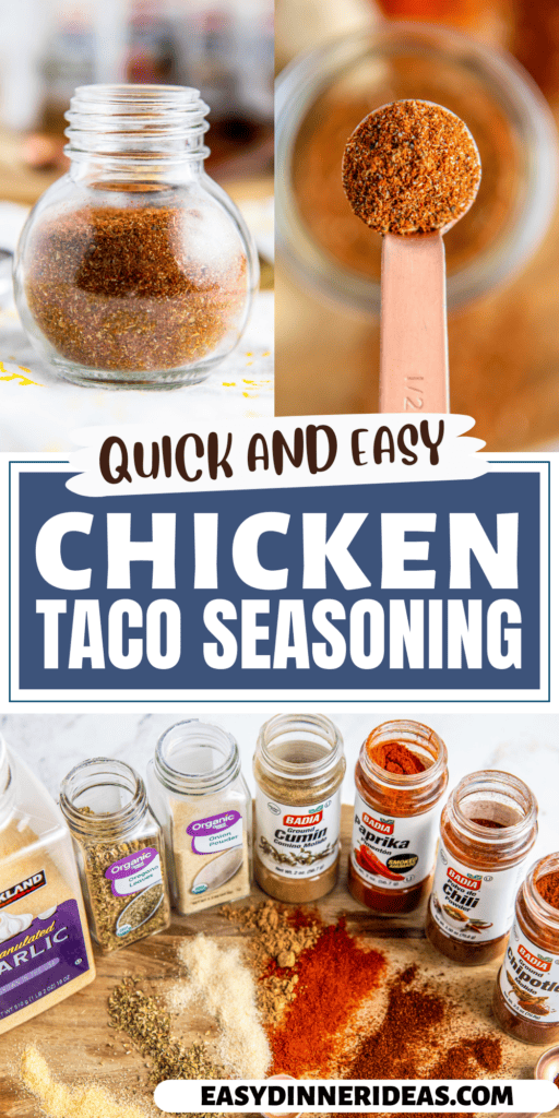 Homemade chicken taco seasoning in a bowl with a measuring spoon scooping some out.