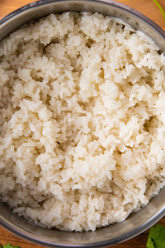 Close up overhead view of coconut rice in a pot