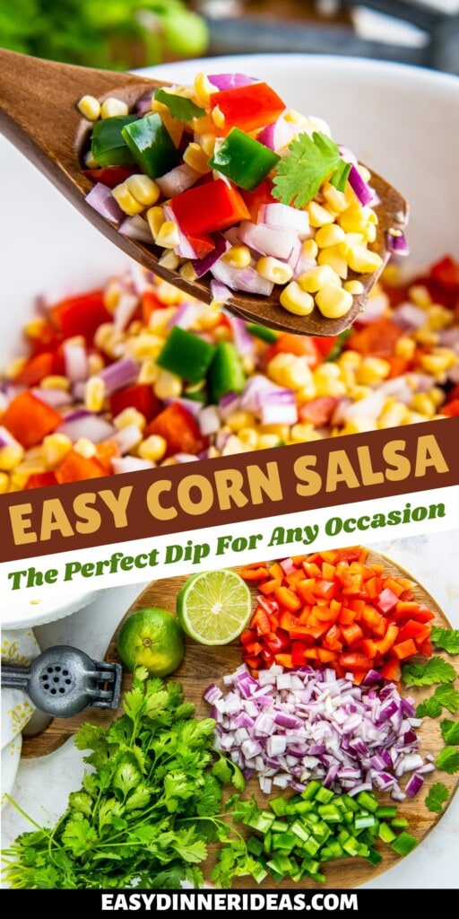 Corn salsa on a wooden spoon and ingredients on a cutting board.