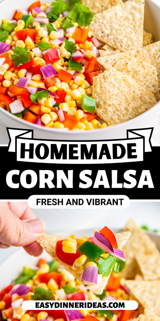 Corn salsa in a bowl and on a tortilla chip.