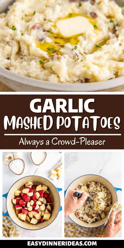 Potatoes in a pot, potatoes being mashed in a pot with a potato masher and a bowl of mashed potatoes with melted butter on top.