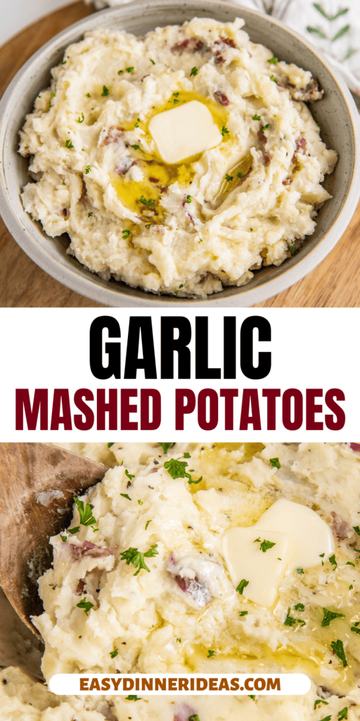 Mashed potatoes in a bowl with butter melting on top and a wooden spoon scooping mashed potatoes out of a pot.