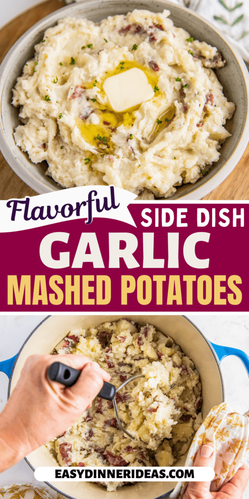 Potatoes being mashed in a pot and garlic mashed potatoes in a bowl with butter melting on top.