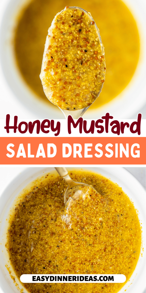 A bowl of honey mustard salad dressing with a spoon scooping up dressing.
