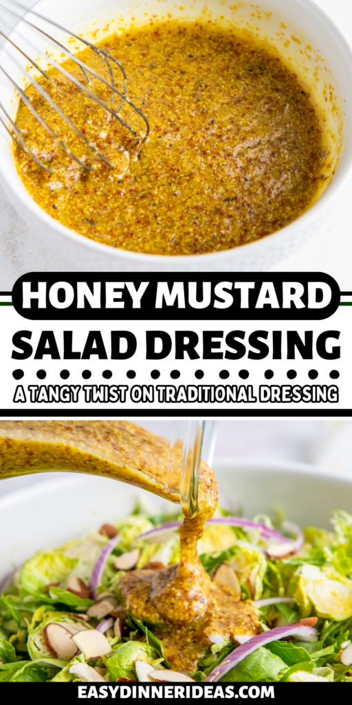 A bowl of honey mustard salad dressing and salad dressing being poured on top of a salad.