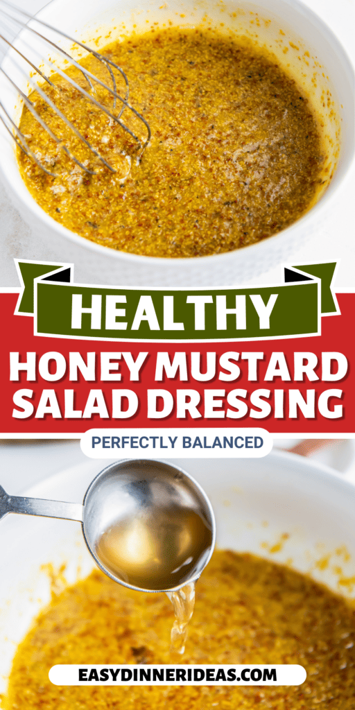 A bowl of honey mustard salad dressing and vinegar being poured into a bowl.