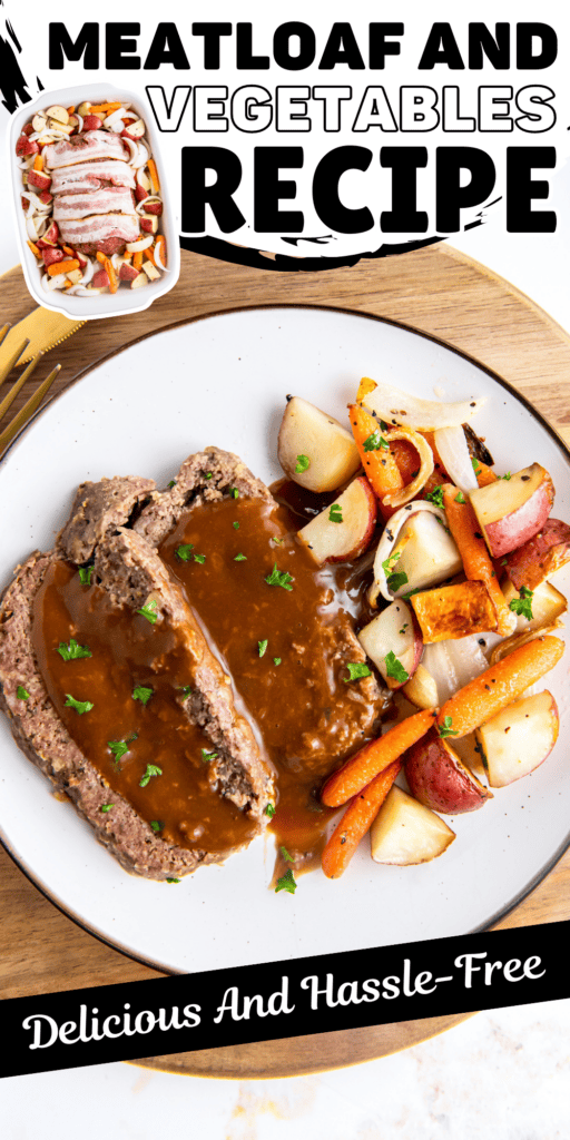 Meatloaf on a plate with vegetables with brown gravy on top.