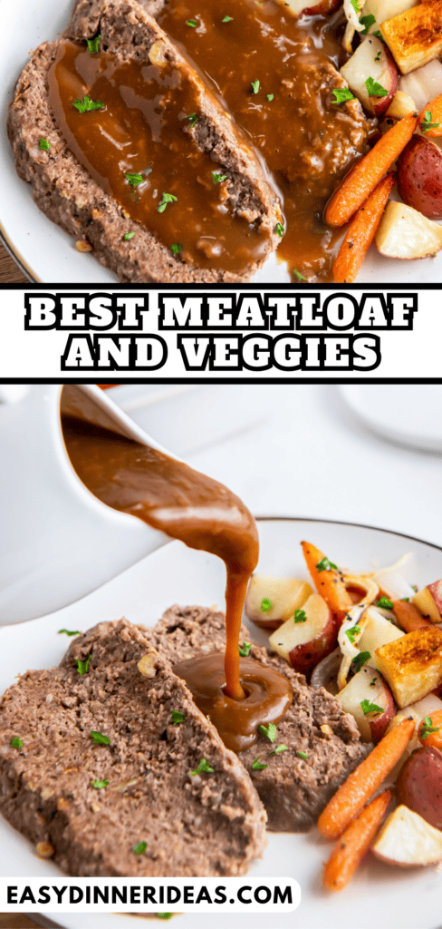 Sliced meatloaf with brown gravy and gravy being poured on top of sliced meatloaf with vegetables on the side.