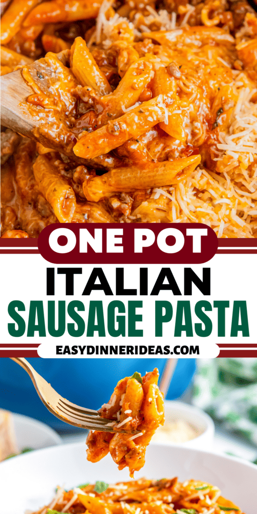 Italian sausage pasta in a pot with a wooden spoon stirring it and a fork picking up a bite.