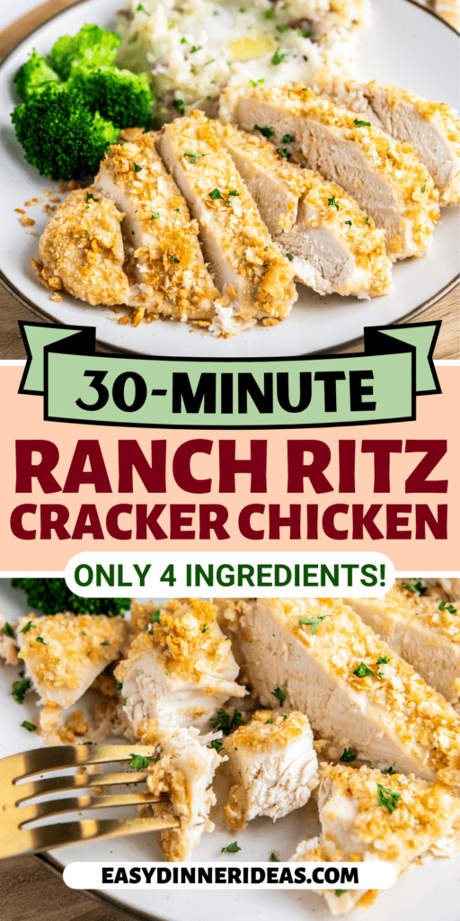 Ranch Ritz Cracker Chicken sliced into pieces on a plate with a fork taking a bite.