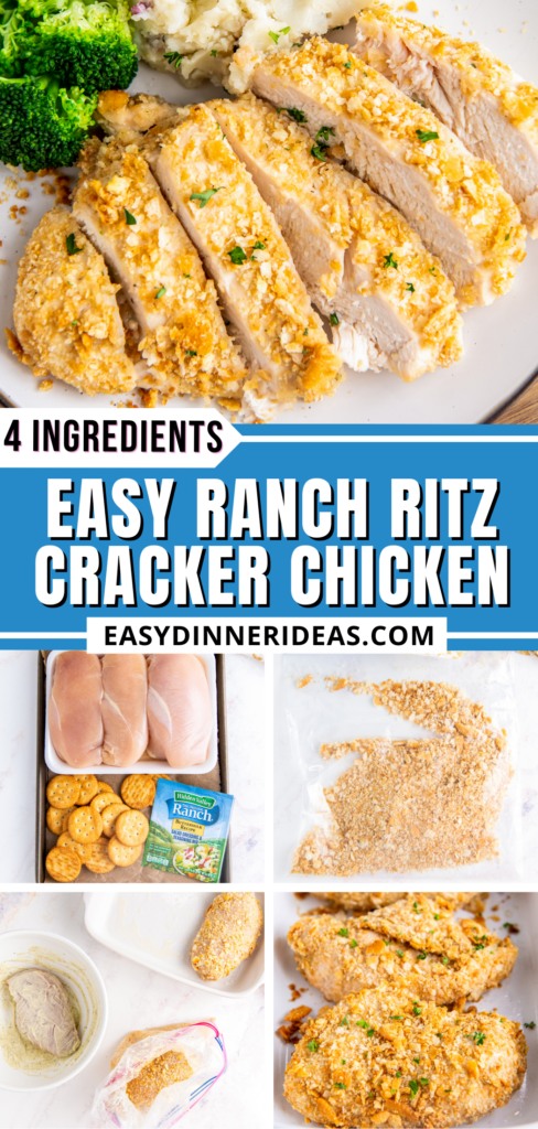 Ritz crackers, chicken breasts, and ranch seasoning on a platter, crushed ritz crackers, mayo ranch mixture coated on chicken breasts then being coated in crushed crackers and Ranch Ritz Cracker Chicken baked in a casserole dish.