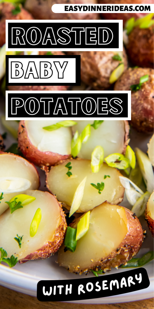 Roasted Baby Potatoes sliced in half on a plate with green onions on top.