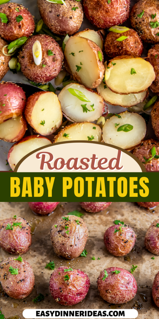Roasted baby potatoes on parchment paper with fresh herbs on top.