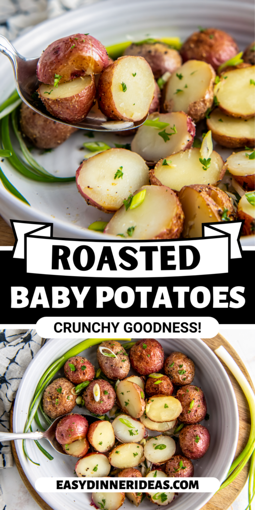 A spoon scooping roasted baby potatoes out of a bowl.