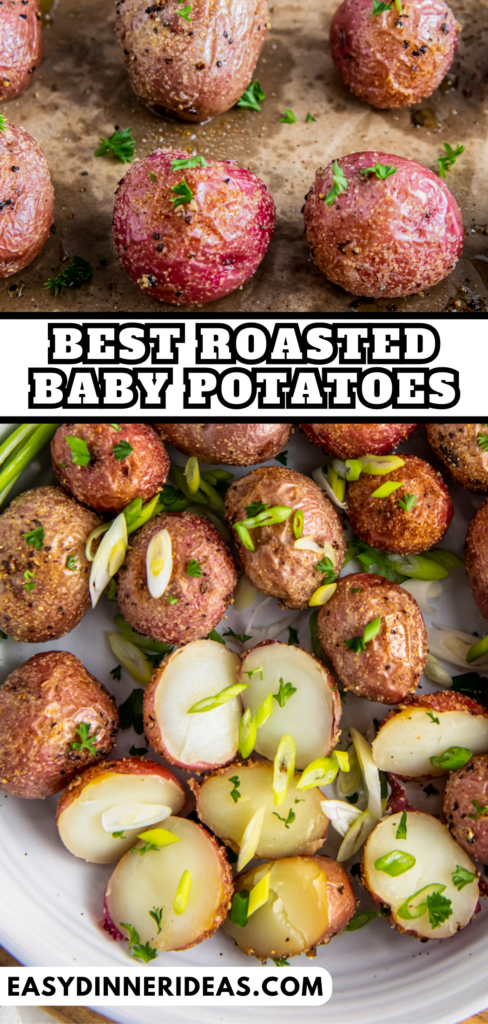 Roasted baby potatoes on parchment paper with green onions on top and sliced in a bowl.