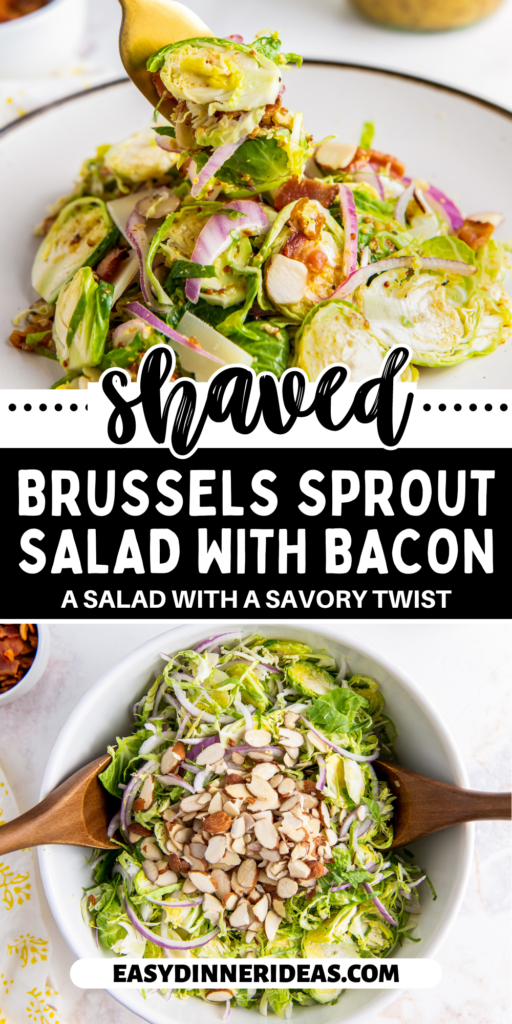 A salad with almonds on top being tossed with salad spoons and a plate of Shaved Brussels Sprout Salad with Bacon.