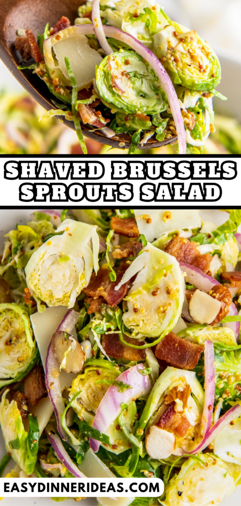 A wooden spoon scooping up shaved Brussels sprouts salad.
