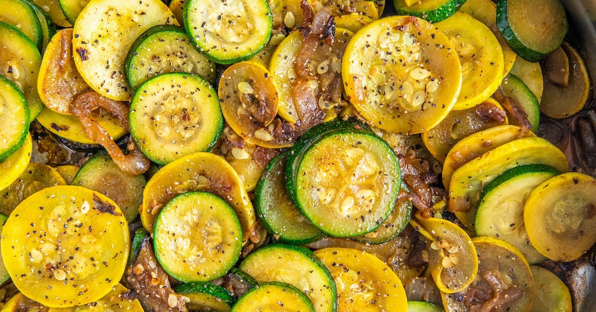Close up of sautéed zucchini and squash