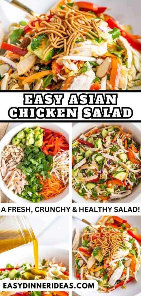 Asian Chicken Salad being made in a large bowl with dressing being poured on top and a bowl with a serving in it.