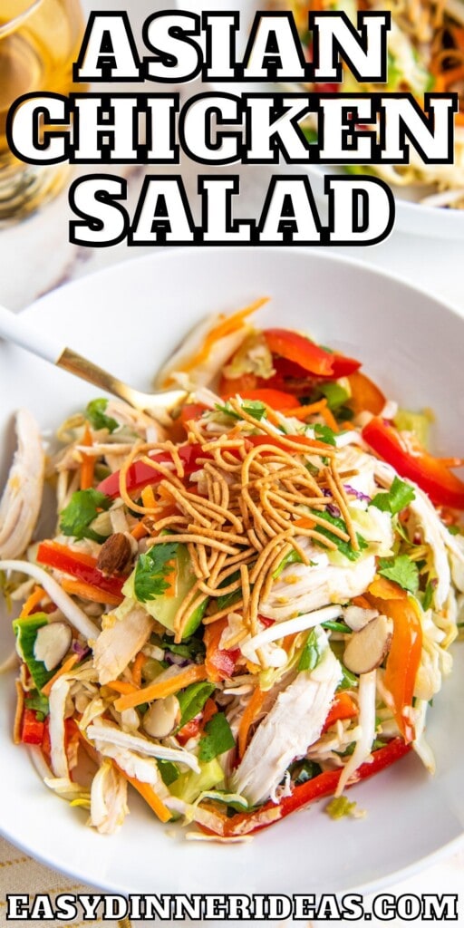 Asian Chicken Salad with chow mein noodles on top in a white bowl.