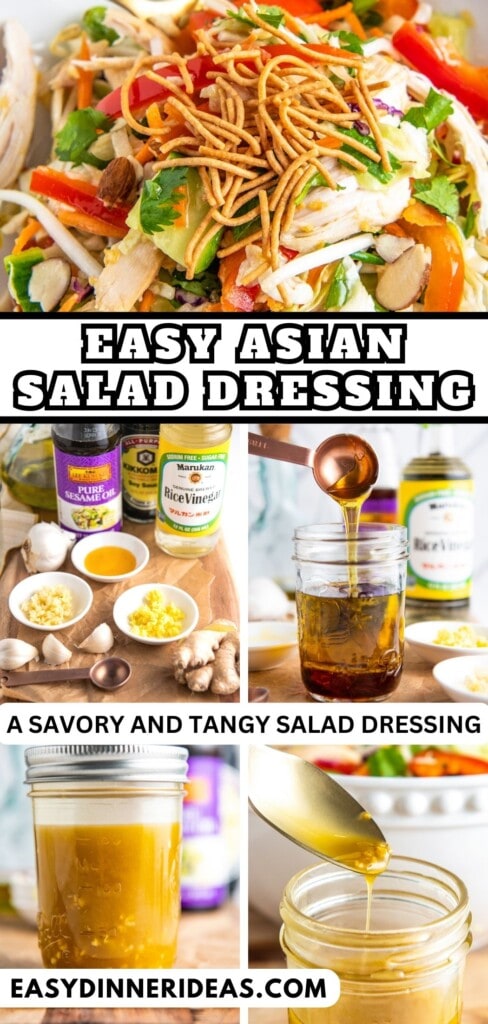 Ingredients on a cutting board, being added to a mason jar and then asian salad dressing being poured over a salad.