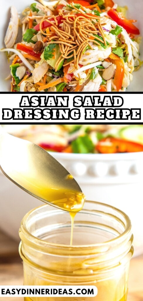 A spoon drizzling salad dressing into a mason jar and a salad with asian salad dressing on it.