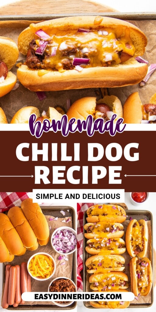 Baked chili dogs on a baking sheet lined with parchment paper and ingredients for hot dogs on a sheet pan.