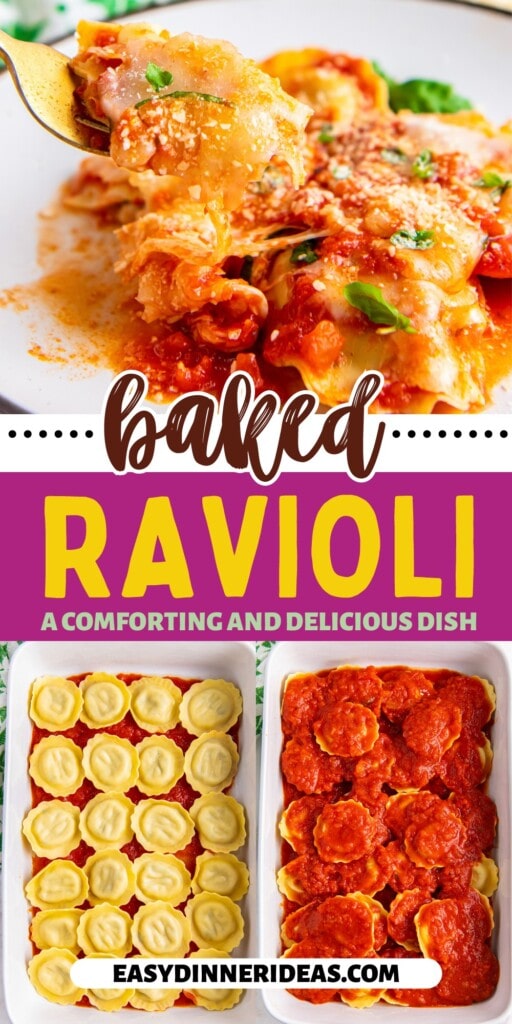 A fork picking up a bite of Baked Ravioli and ravioli in a casserole dish covered with marinara.