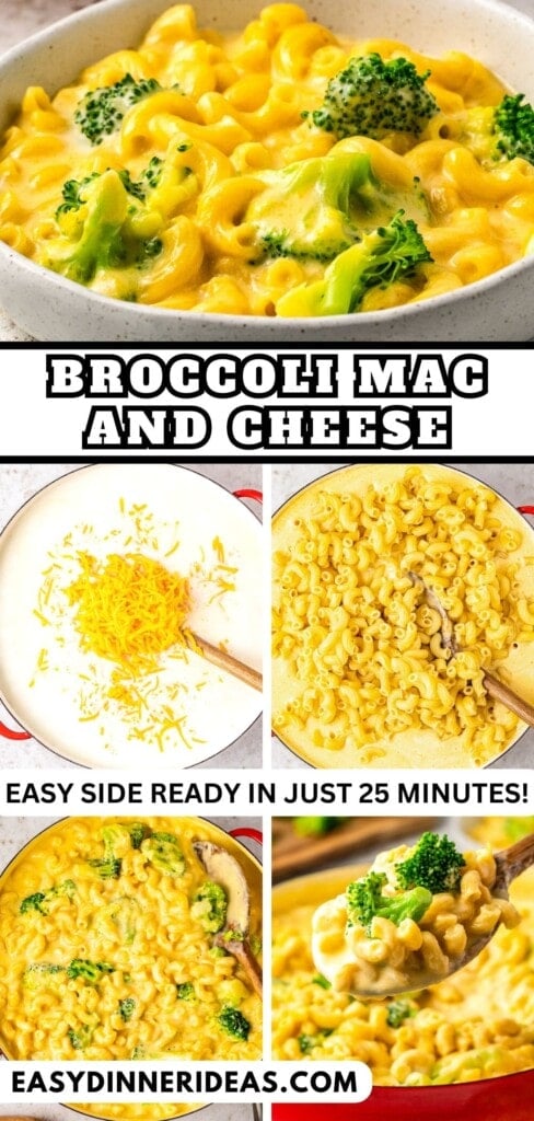 Broccoli Mac and Cheese being made in a skillet and a serving in a bowl.