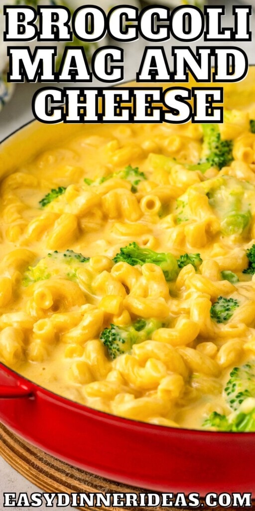 Broccoli Mac and Cheese in a skillet.