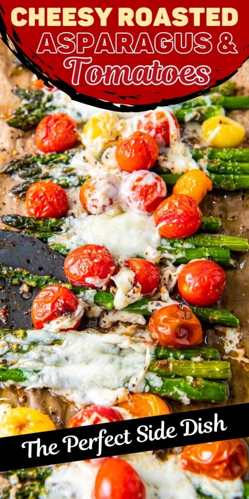 Cheesy Roasted Asparagus and Tomatoes on a baking sheet pan.
