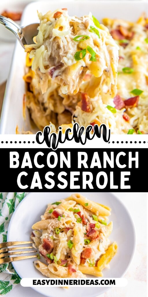 Chicken Bacon Ranch Casserole being lifted out of a casserole dish with a serving spoon and a serving on a plate.