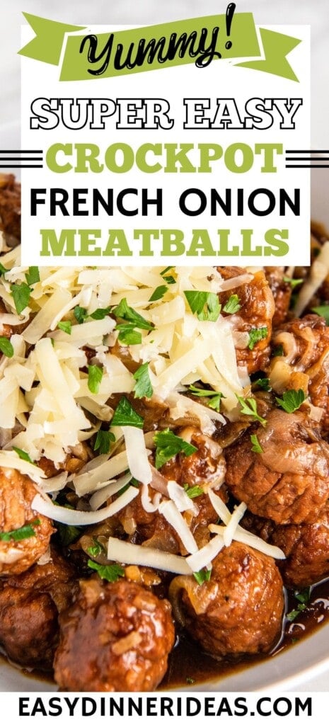 French Onion Meatballs in a slow cooker with cheese on top.