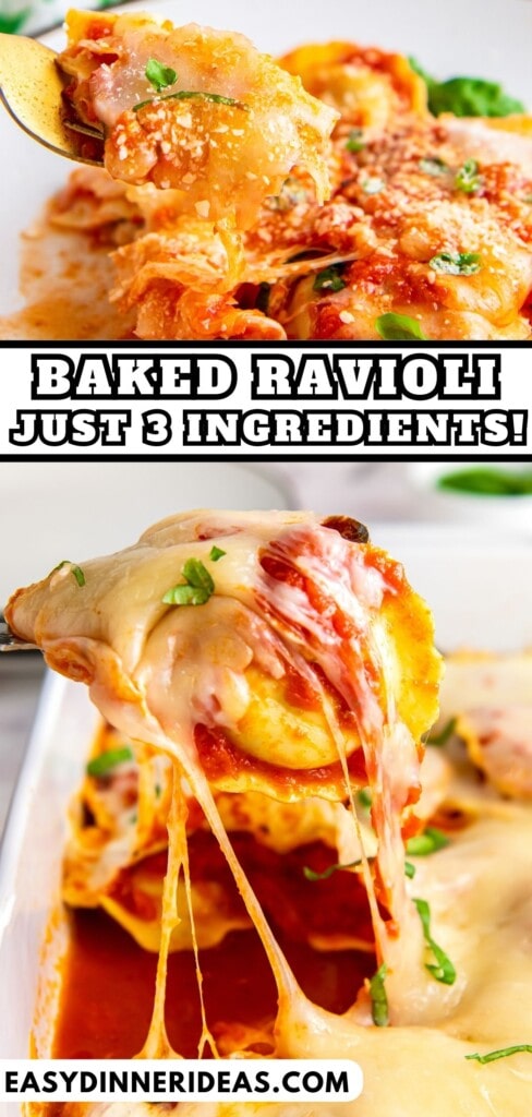 Baked Ravioli in a casserole dish and a serving on a plate.