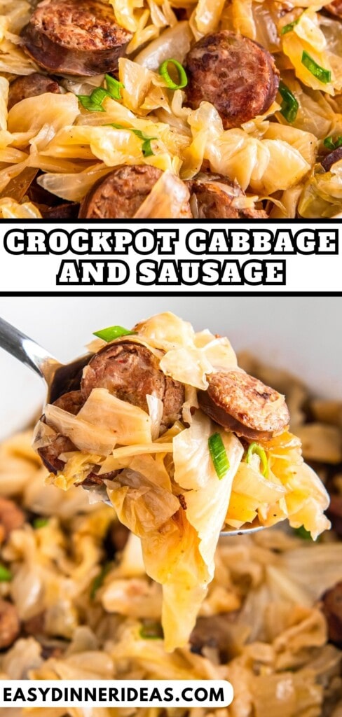 A spoon scooping up a serving of Easy Crockpot Cabbage and Sausage out of a slow cooker.