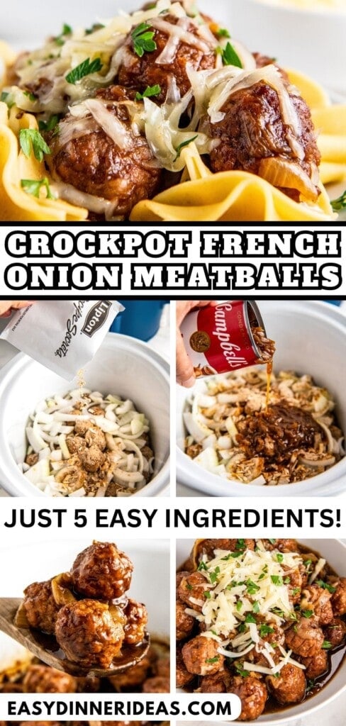 Crockpot French Onion Meatballs being prepared in a slow cooker and on a plate with cheese on top.