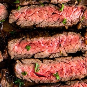Close up of slices of skirt steak