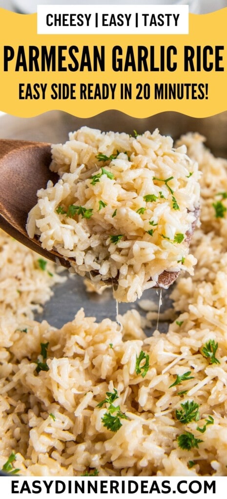 A wooden spoon scooping out a serving of Parmesan Garlic Rice out of a skillet.