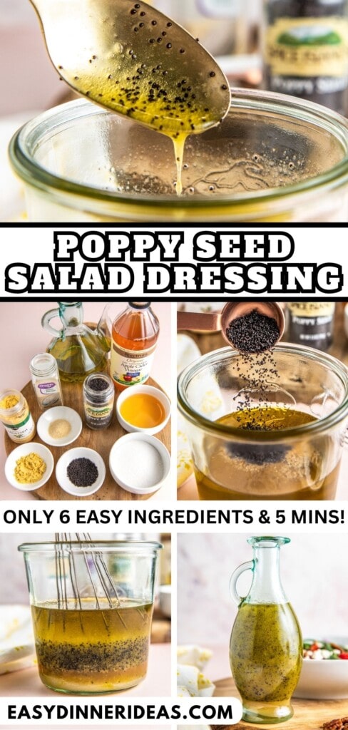 Poppy Seed Salad Dressing being made in a jar and a whisk stirring it.