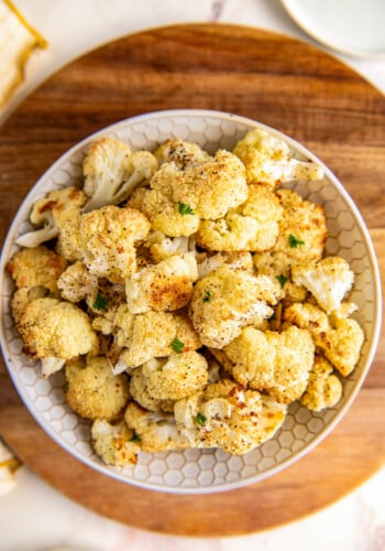 Overhead view of a plate of roasted cauliflower