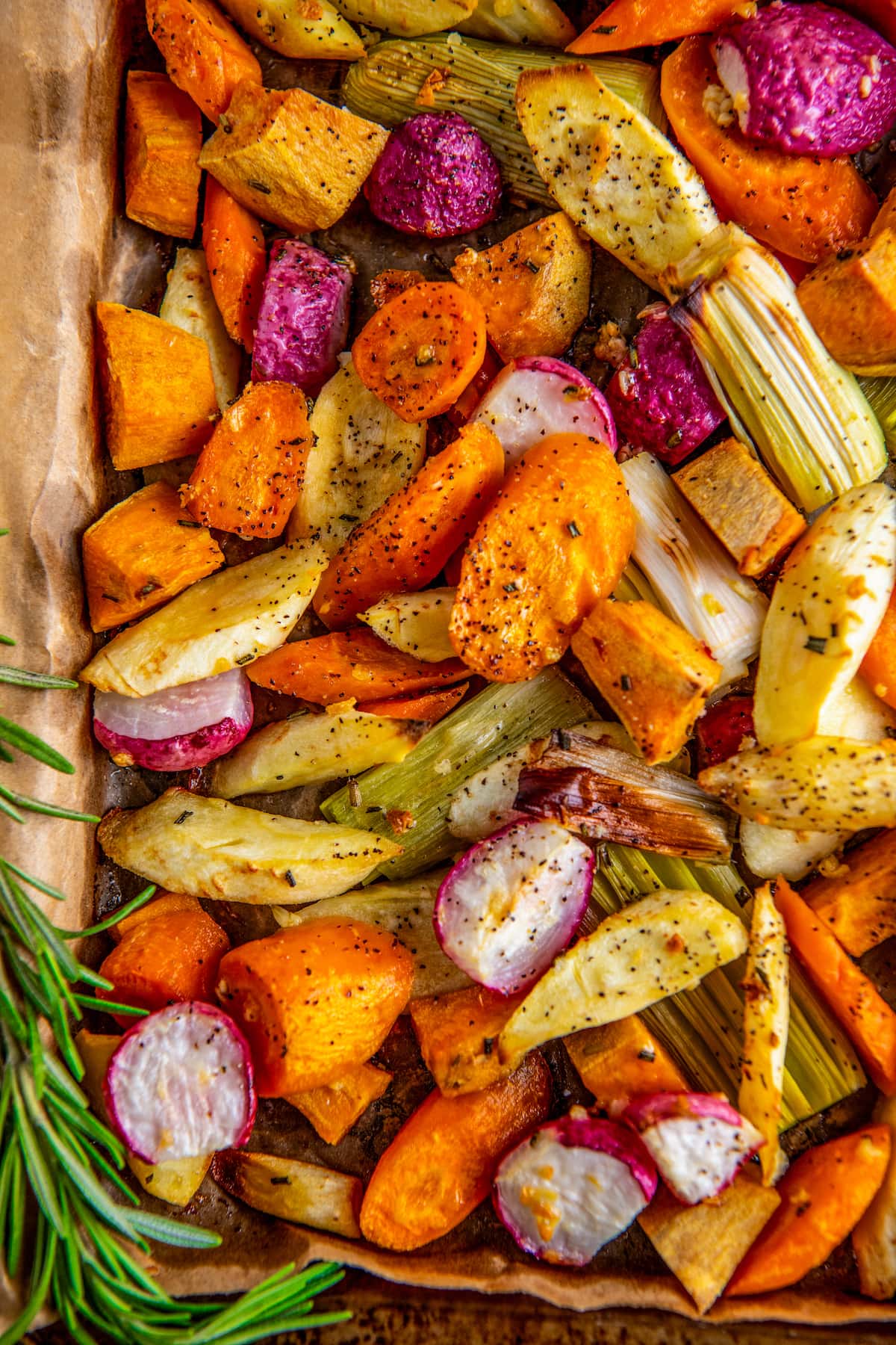 Close up of roasted root veggies in a tray
