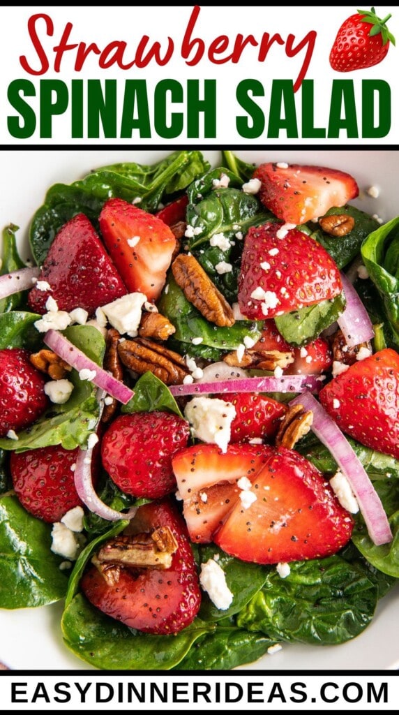 Strawberry Spinach Salad with goat cheese, pecans and red onion.
