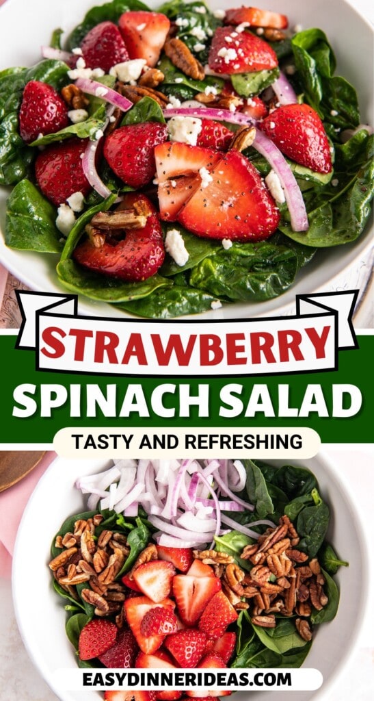 Strawberry Spinach Salad being coated in poppy seed salad dressing.