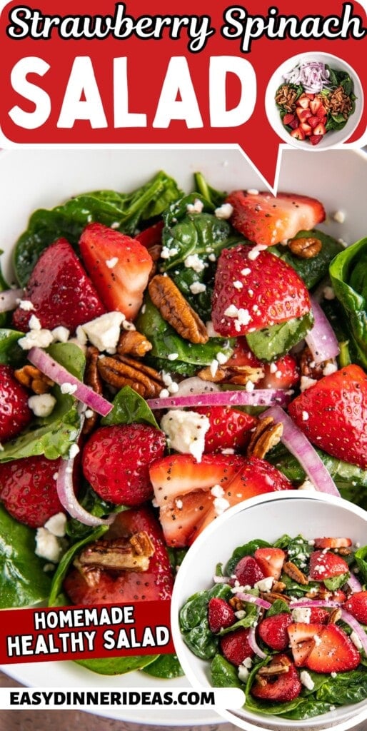 A bowl of Strawberry Spinach Salad with feta cheese and red onion.