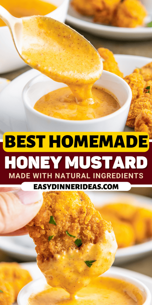 Honey mustard in a bowl with a spoon and a piece of chicken being dunked in the sauce.