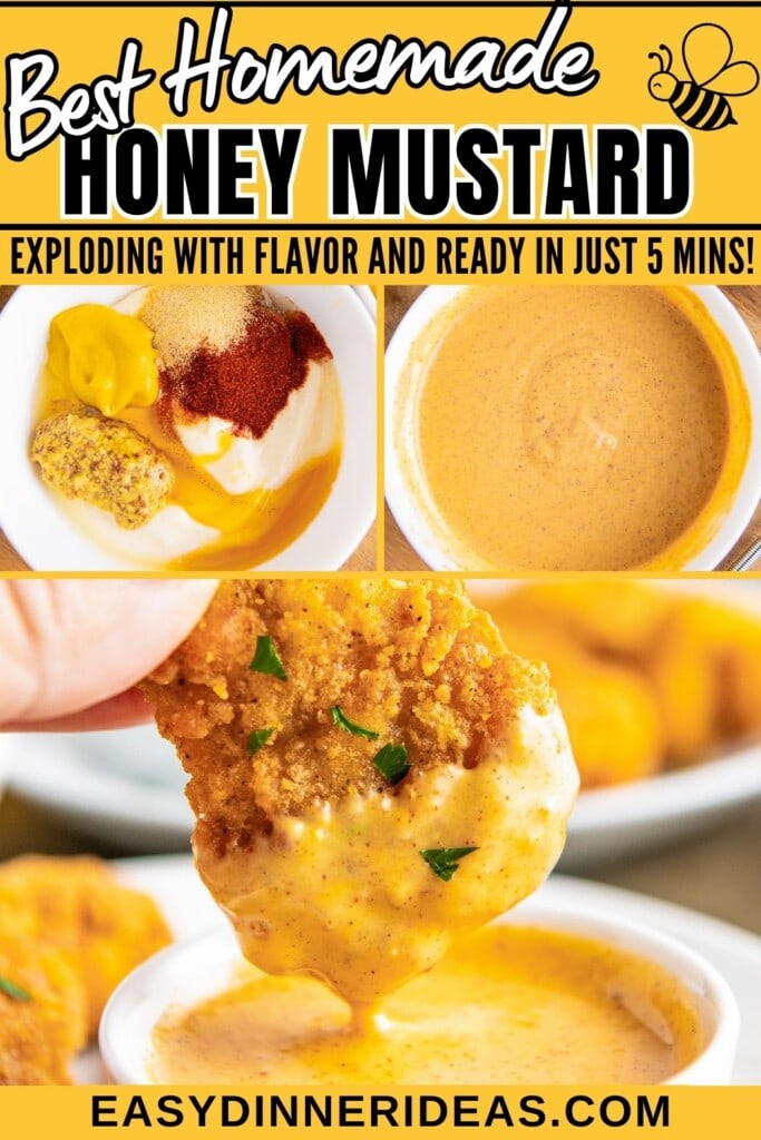 A bowl of honey honey mustard sauce and a piece of chicken being dunked into the sauce.