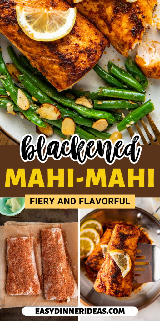 Mahi mahi being seasoned with blackening seasoning and cooked in a skillet.