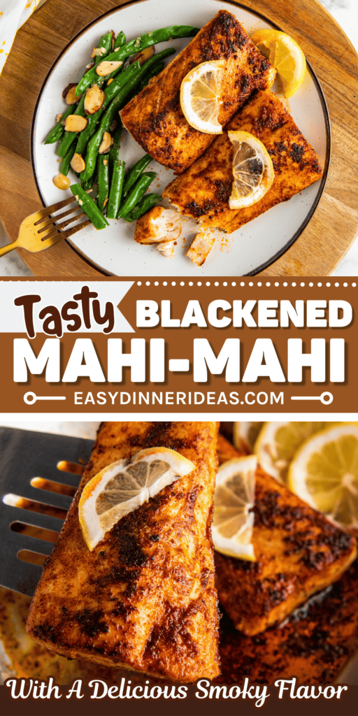 A plate with two filets of blacken mahi mahi and a spatula lifting a filet out of a skillet.
