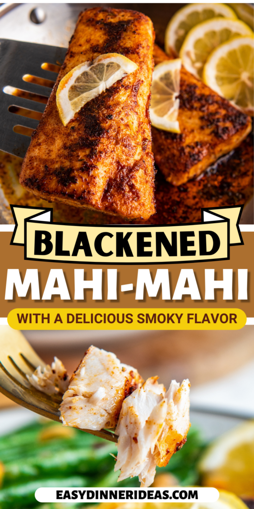 Mahi mahi blackened in a skillet with a spatula lifting out a filet and a fork picking up a bite of fish.