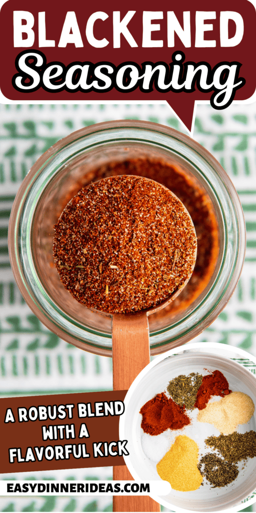 A tablespoon scooping out Blackened Seasoning from a jar.